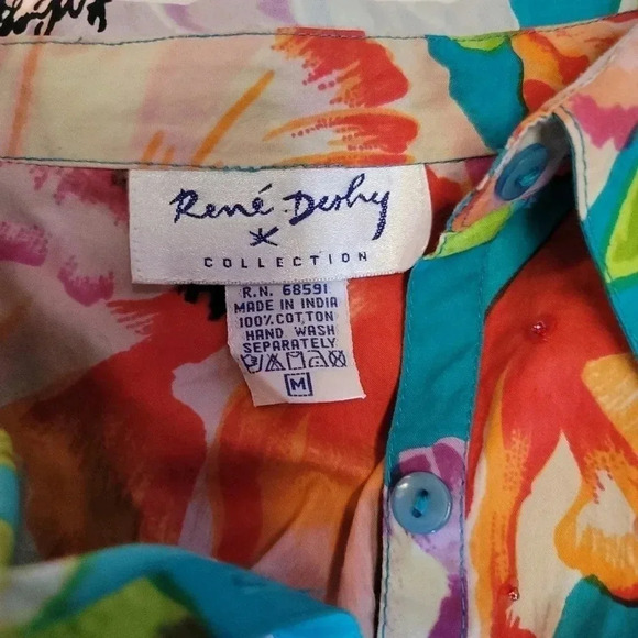 Rene Derhy Cotton Floral Blouse Button Shirt Womens Colorful Medium Beaded - Picture 10 of 11